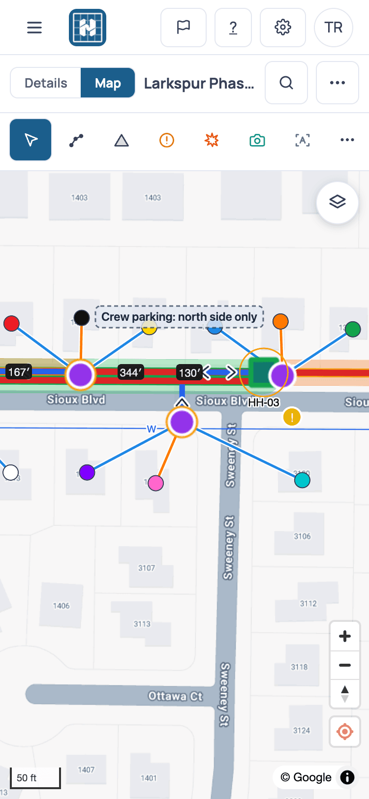 Foreman's phone view of the map: paths, a handhole, home drops and a crew note